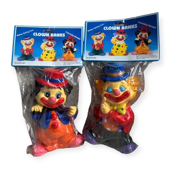 Vintage New In Package Set Of Two Plastic Clown Piggy Banks Clown Tirelire - Picture 2 of 11